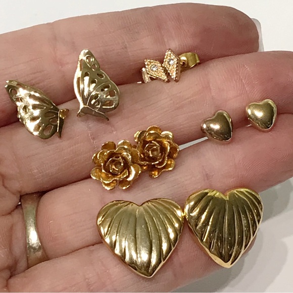 Vintage Cute Gold Stud Earring Lot 5 Puffy Heart Avon Butterfly 3D Rose 80s 90s - Picture 7 of 12